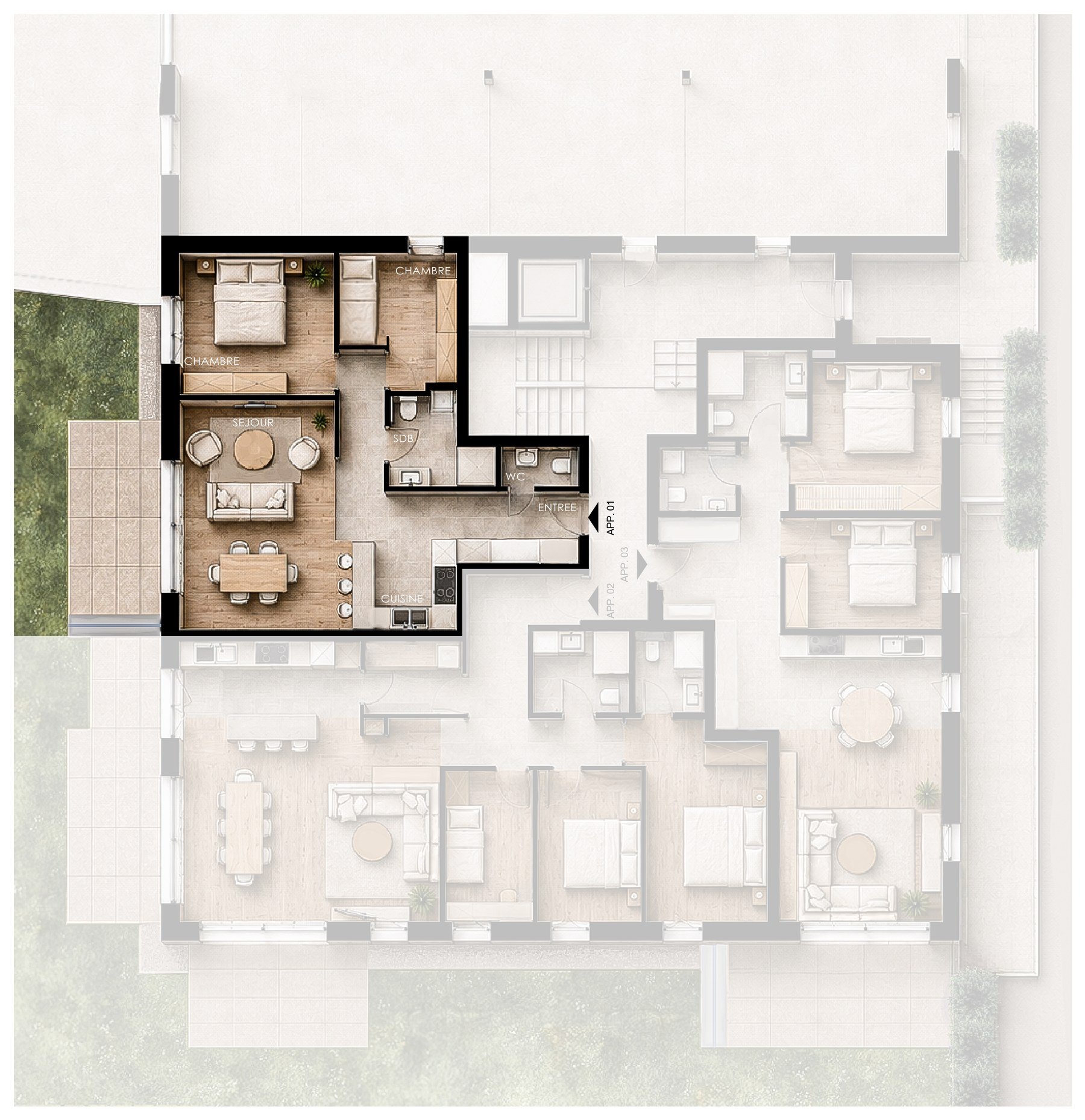 Plan de vente de l'appartement 01, mis en évidence sur son niveau.