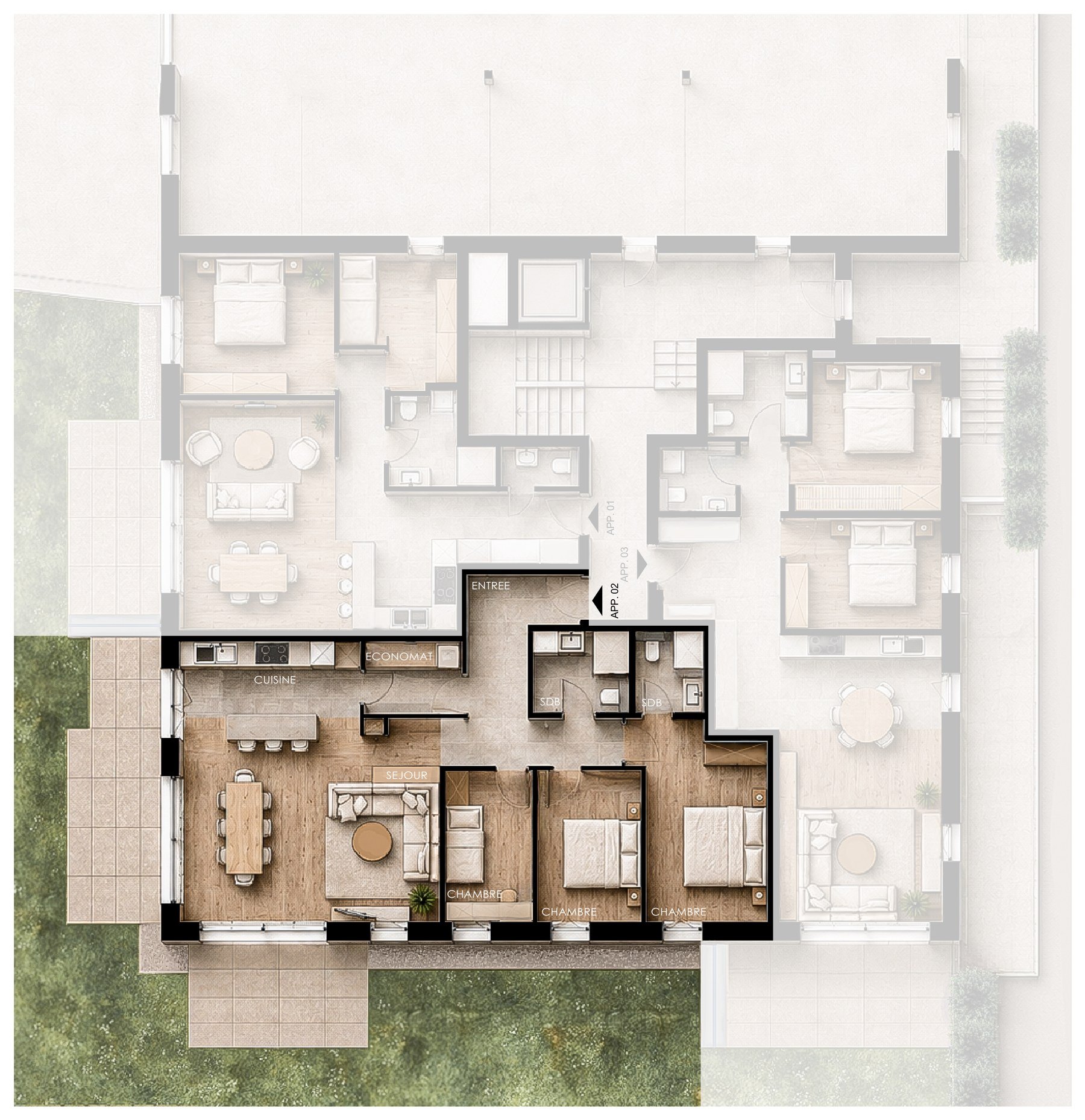 Plan de vente de l'appartement 02, mis en évidence sur son niveau.