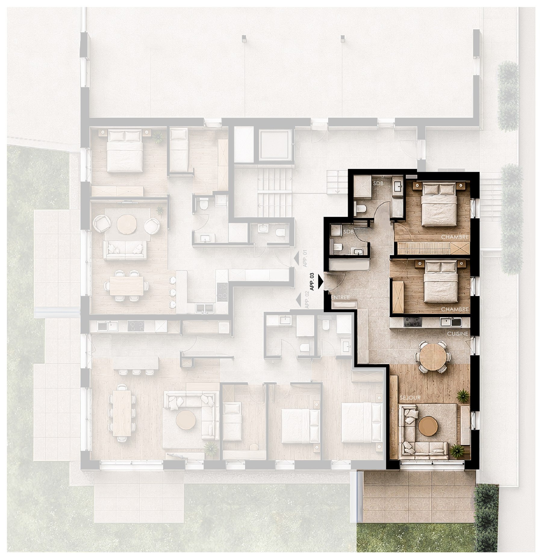 Plan de vente de l'appartement 03, mis en évidence sur son niveau.