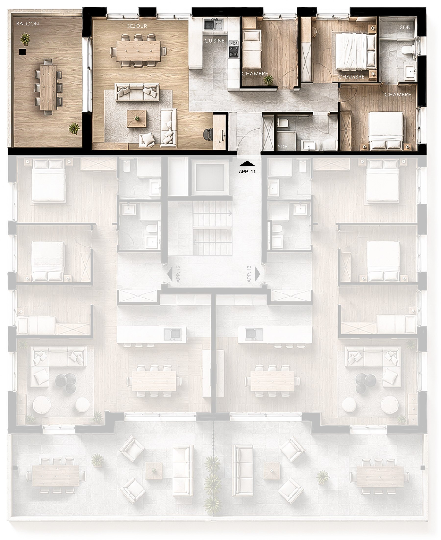 Plan de vente de l'appartement 11, mis en évidence sur son niveau.