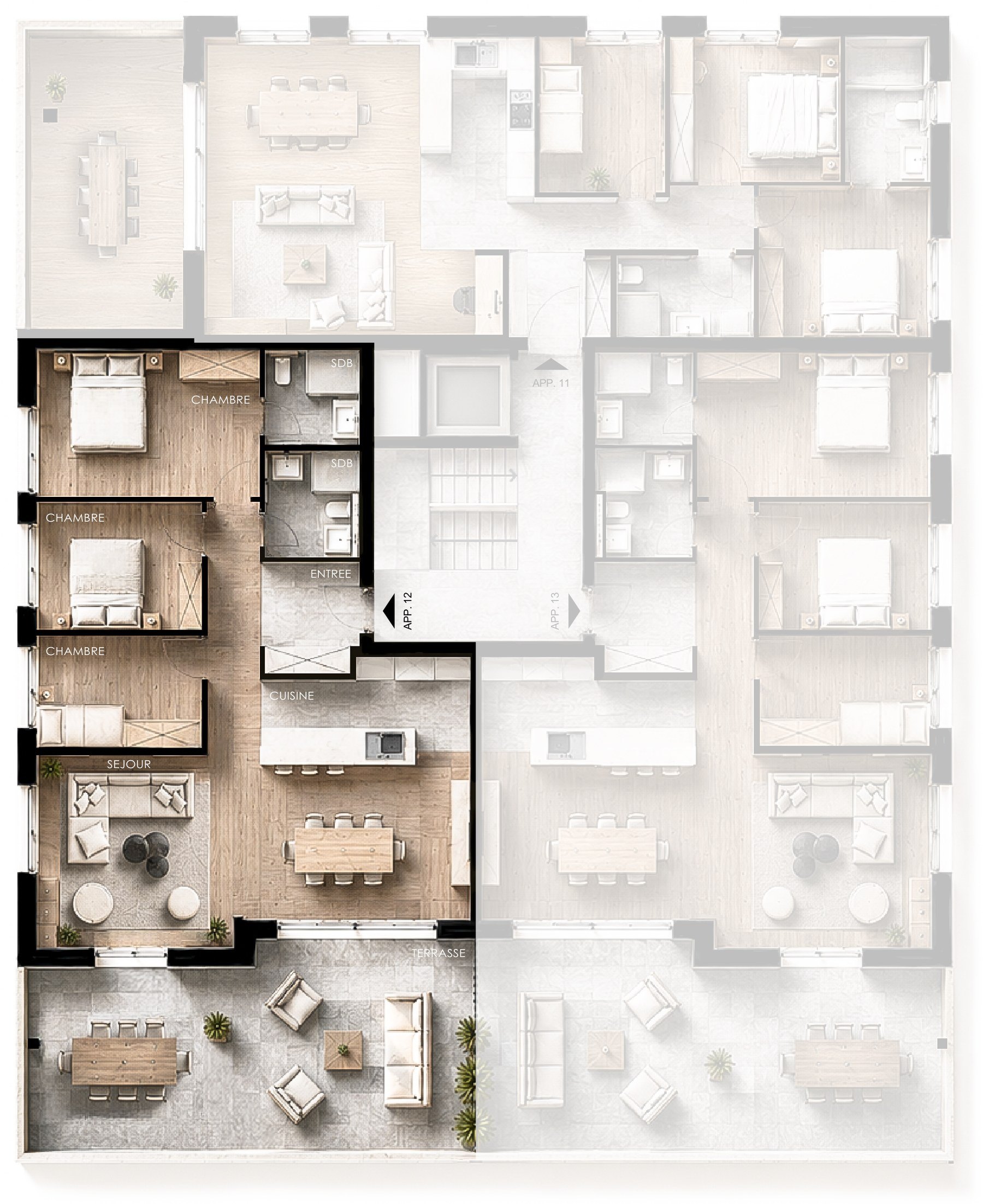 Plan de vente de l'appartement 12, mis en évidence sur son niveau.