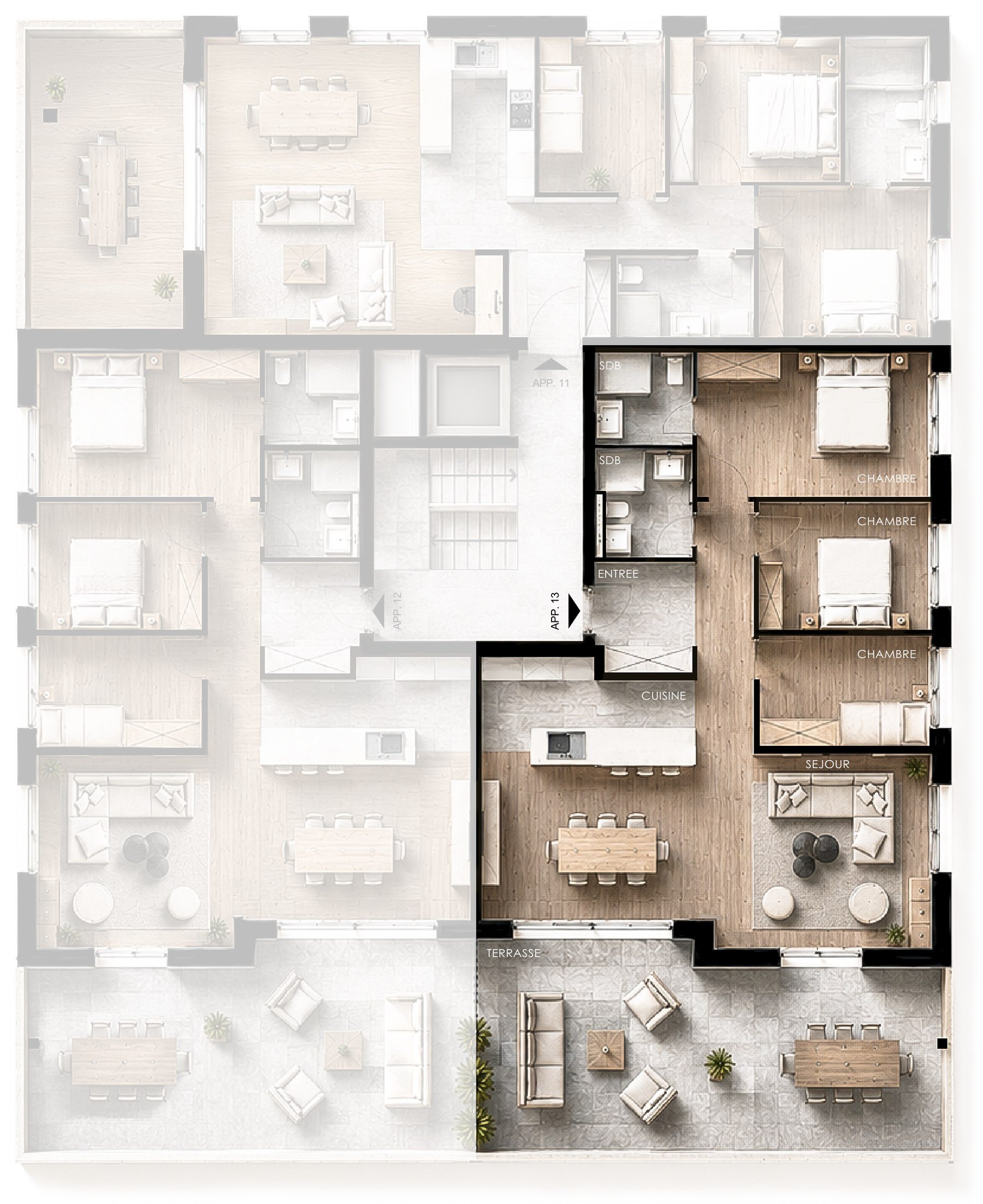 Plan de vente de l'appartement 13, mis en évidence sur son niveau.