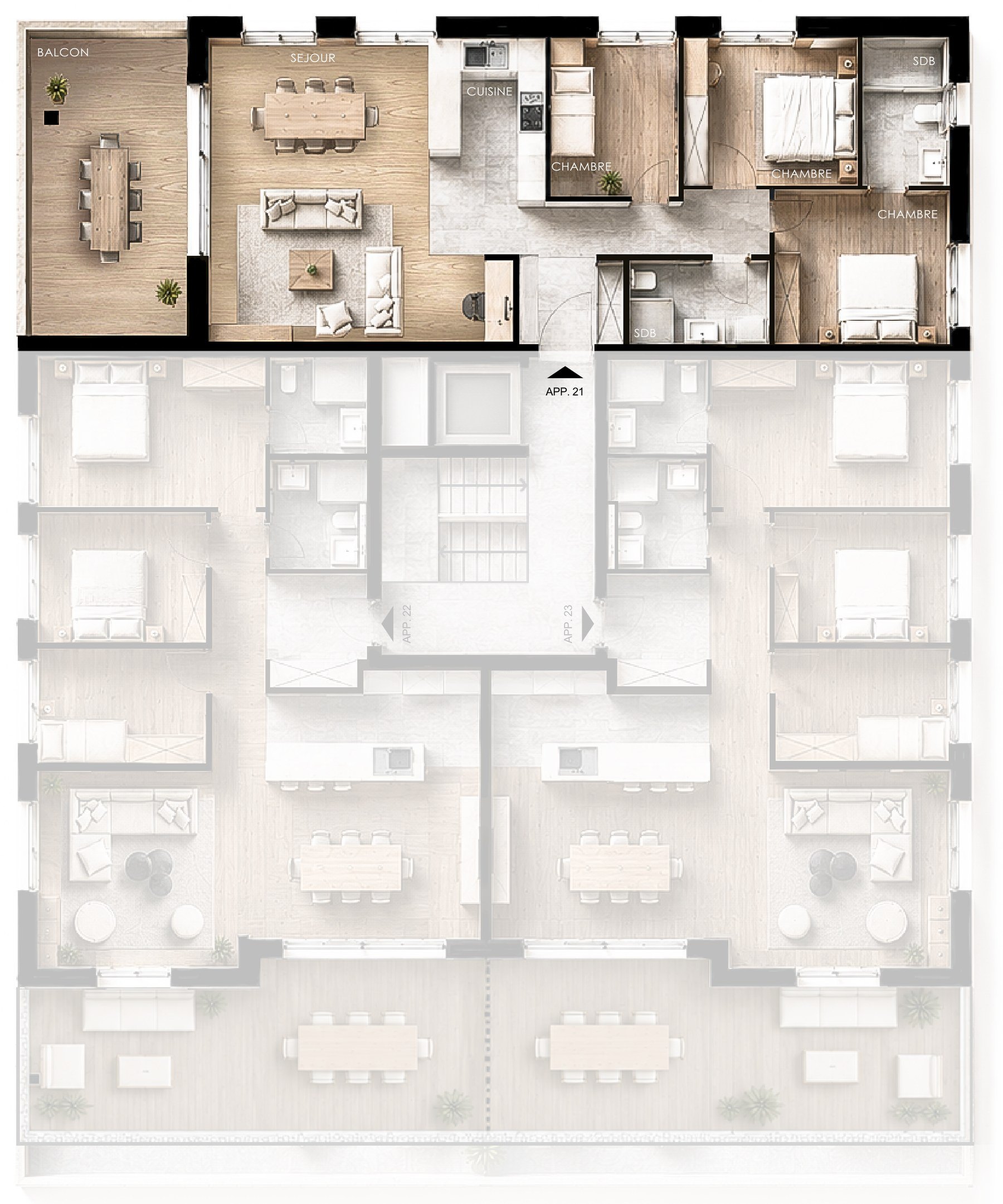 Plan de vente de l'appartement 21, mis en évidence sur son niveau.