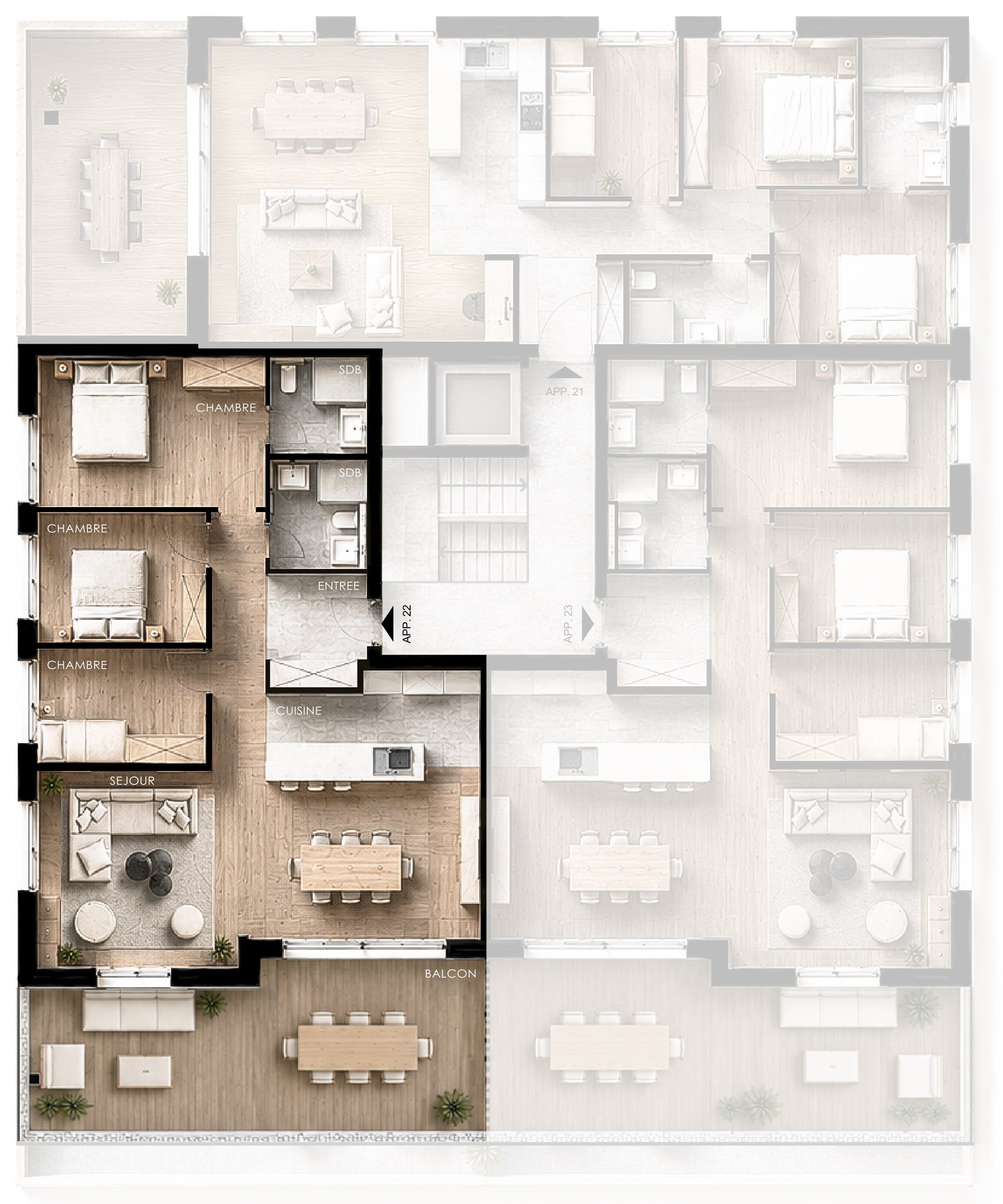 Plan de vente de l'appartement 22, mis en évidence sur son niveau.