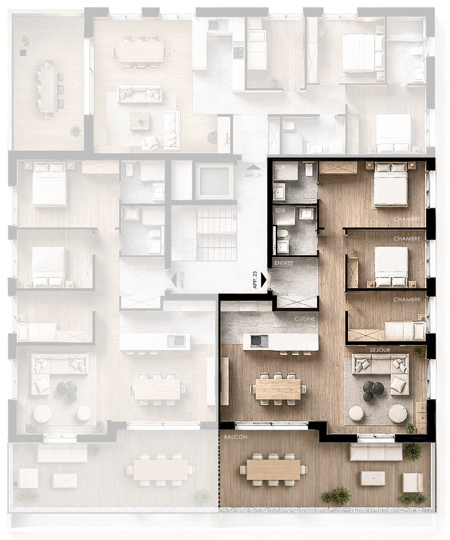 Plan de vente de l'appartement 23, mis en évidence sur son niveau.
