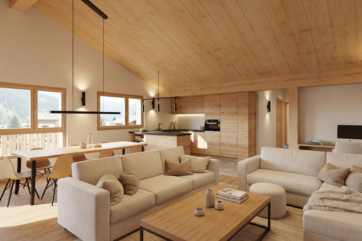 Visuel intérieur sous la charpente : séjour et cuisine ouverte, plafond en bois incliné, fenêtres sur les sommets.