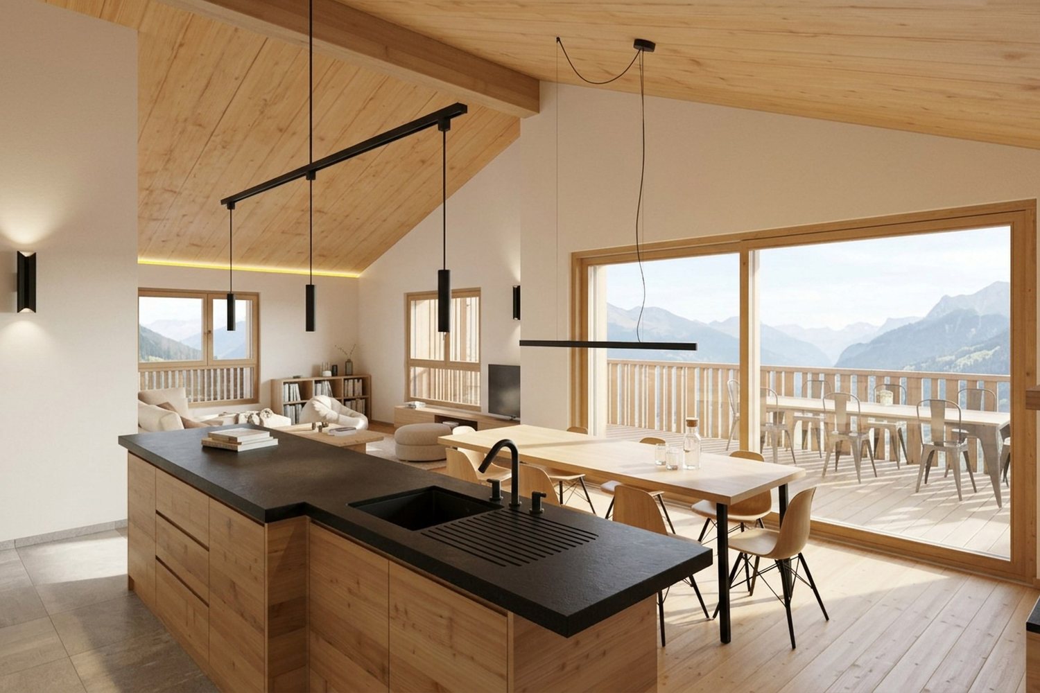 Visuel intérieur : cuisine à îlot sombre, table de salle à manger et baie vitrée ouverte sur le balcon et les montagnes.