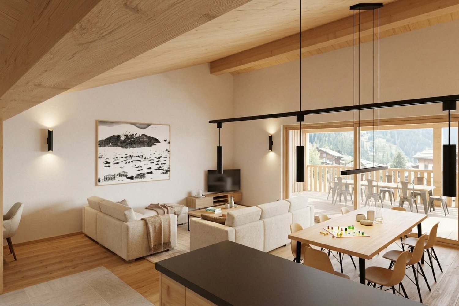 Visuel intérieur : séjour avec canapés, table de repas devant la baie vitrée et charpente apparente.