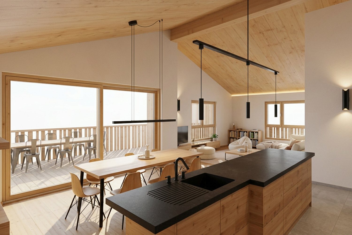 Visuel intérieur : cuisine ouverte sous un plafond en bois incliné, coin repas et balcon derrière la baie.