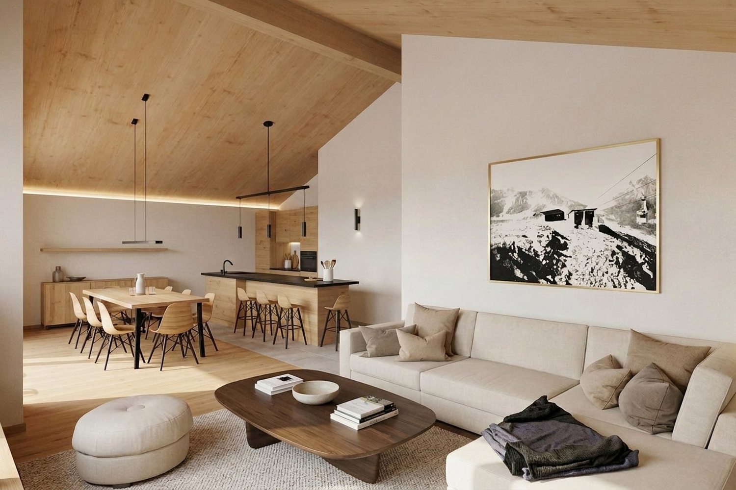Visuel intérieur : salon, salle à manger et cuisine dans un même volume sous un plafond de bois.