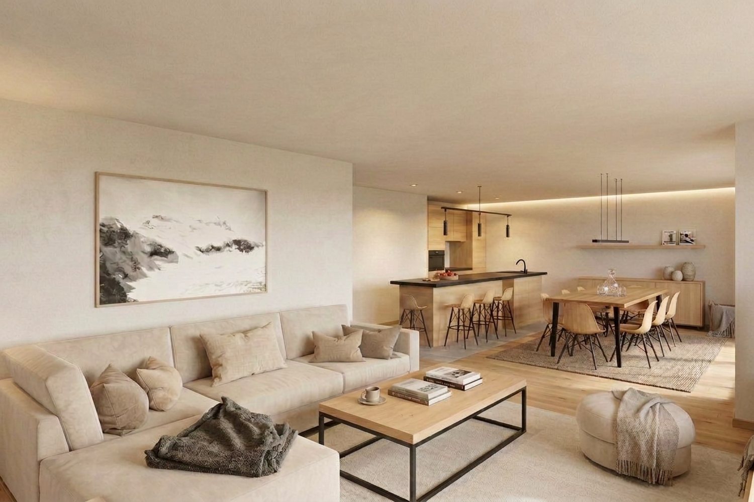 Visuel intérieur : séjour au plafond droit, canapé, table de repas et cuisine dans le prolongement.