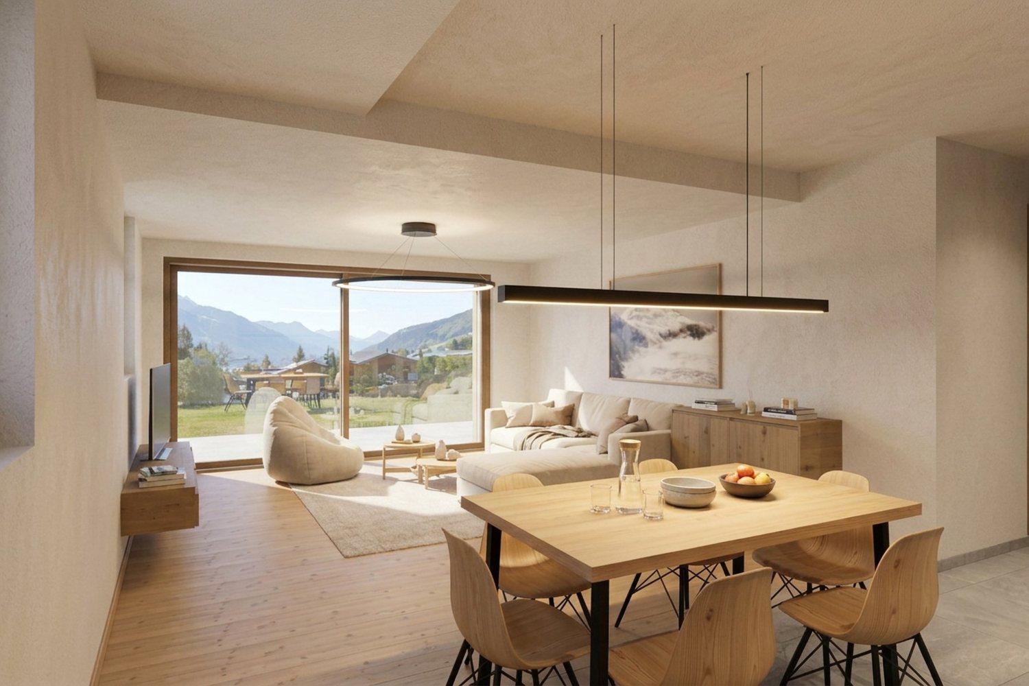 Visuel intérieur : table de bois clair et chaises, baie vitrée ouverte sur le paysage de montagne.