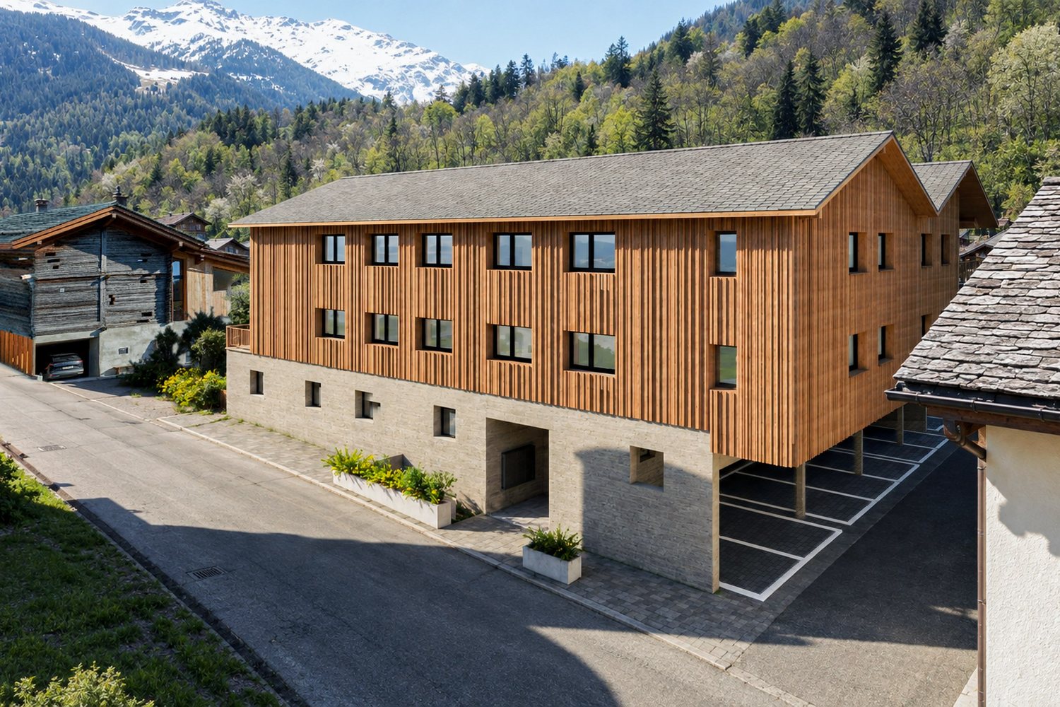Visuel d'architecte de la résidence depuis la rue du village : façade en mélèze, socle de béton, places de parc couvertes sous le bâtiment.