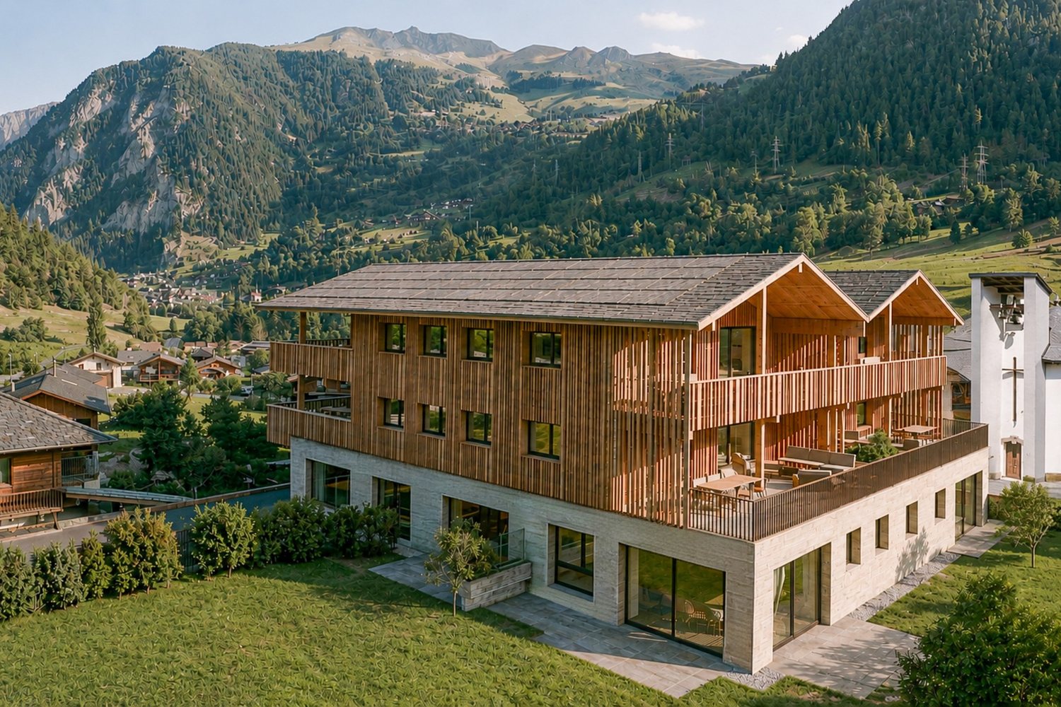 Visuel d'architecte de la résidence depuis le sud-ouest : balcons en bois des étages, jardins et baies du rez.