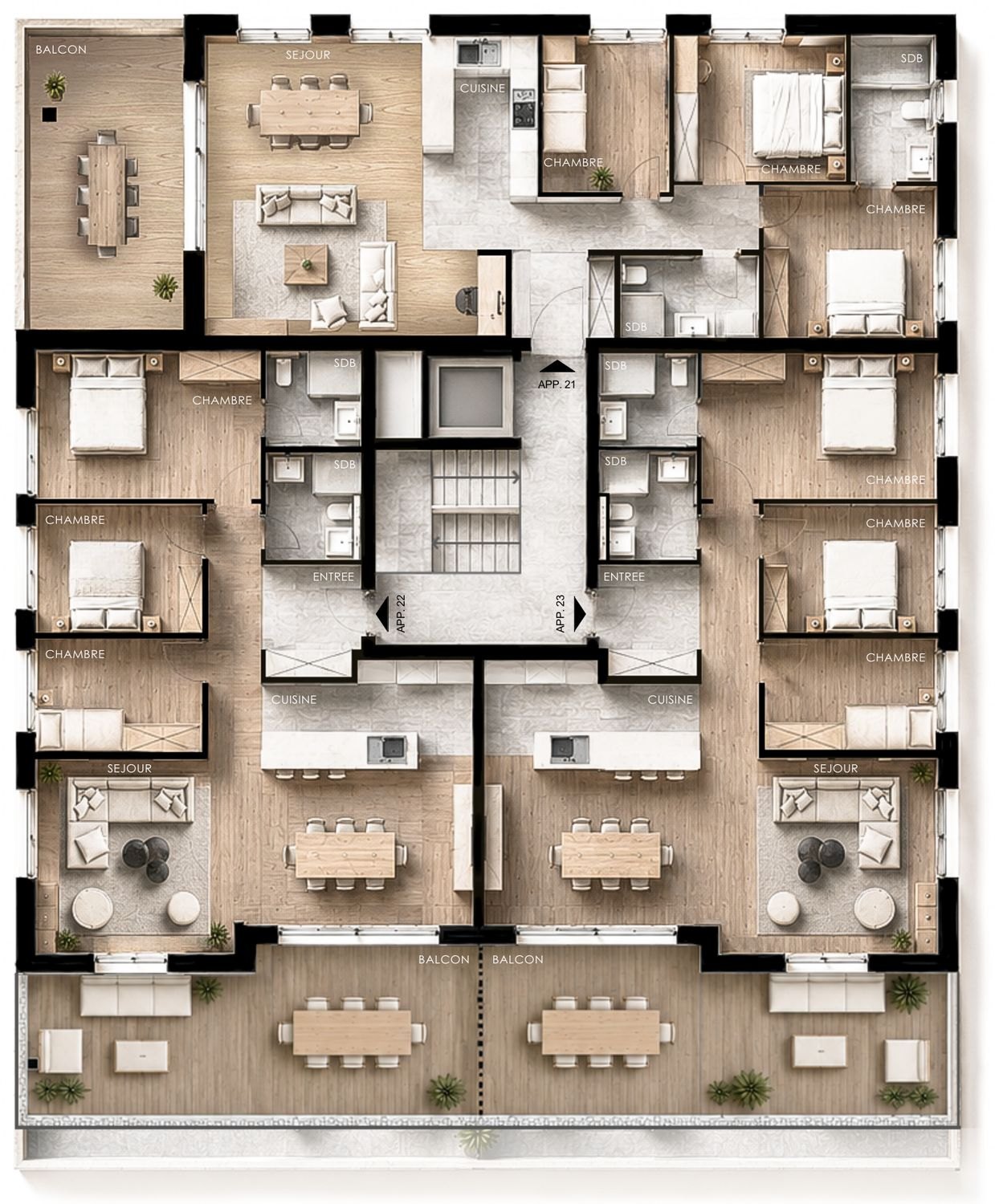 Plan de vente des combles : appartements 21, 22 et 23 sous la toiture.