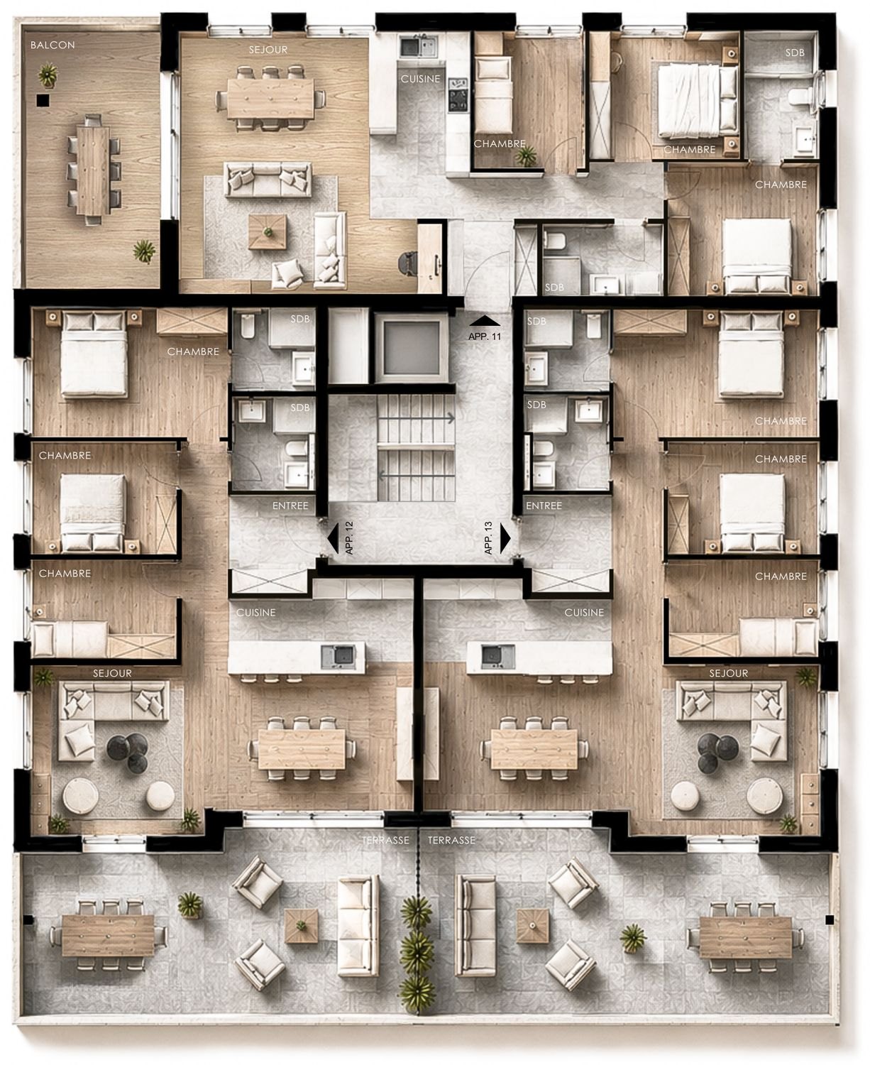 Plan de vente du 1er étage : appartements 11, 12 et 13, avec terrasses et balcons.