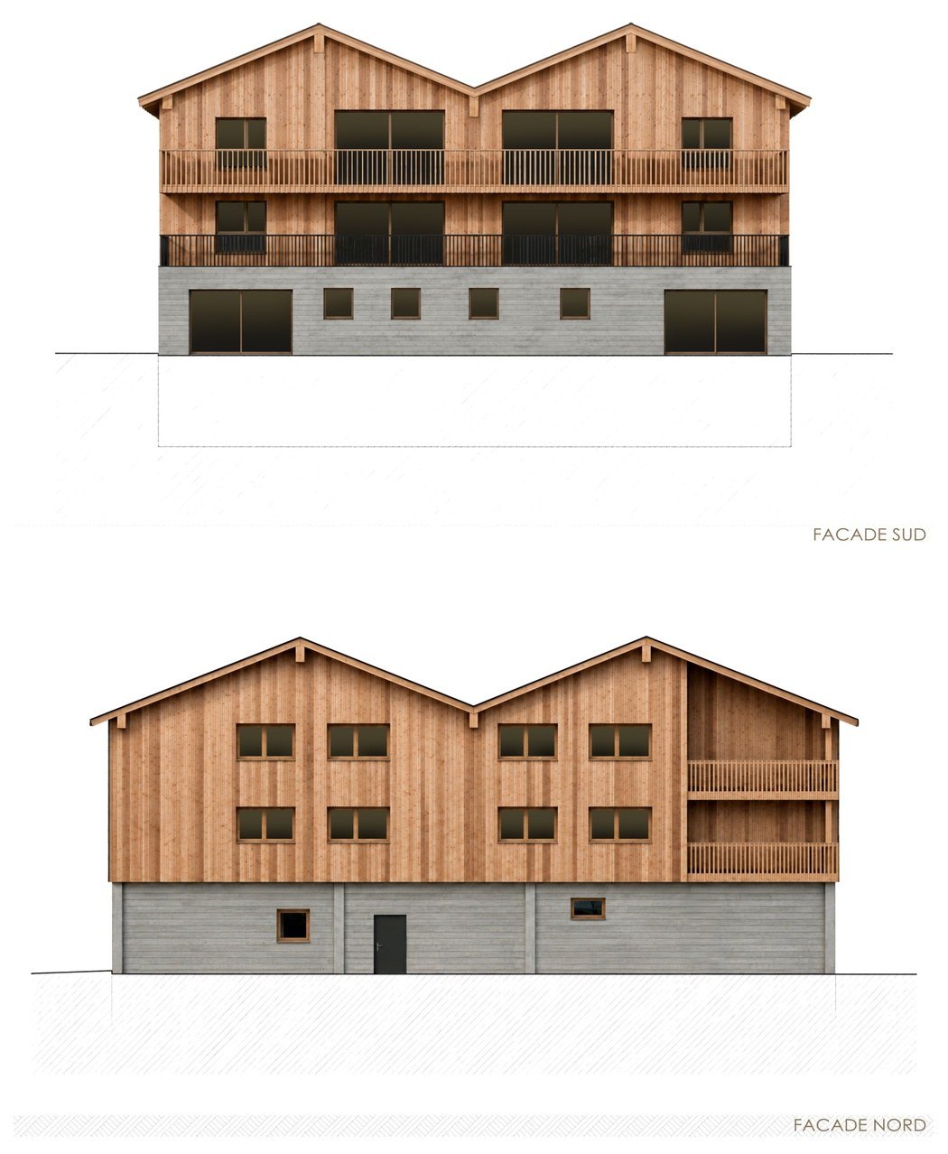 Façades sud et nord de la résidence : socle de béton et volume en mélèze vertical.