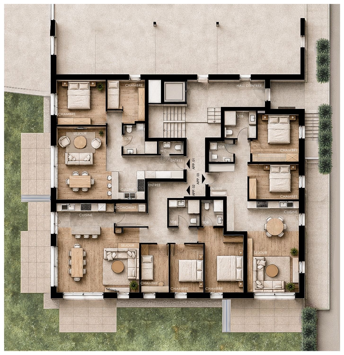 Plan de vente du rez-de-chaussée : appartements 01, 02 et 03 autour de la cage d'escalier et de l'ascenseur.