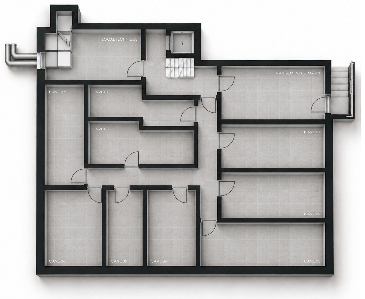 Plan du sous-sol : neuf caves, local technique, rangement commun, escalier et ascenseur.