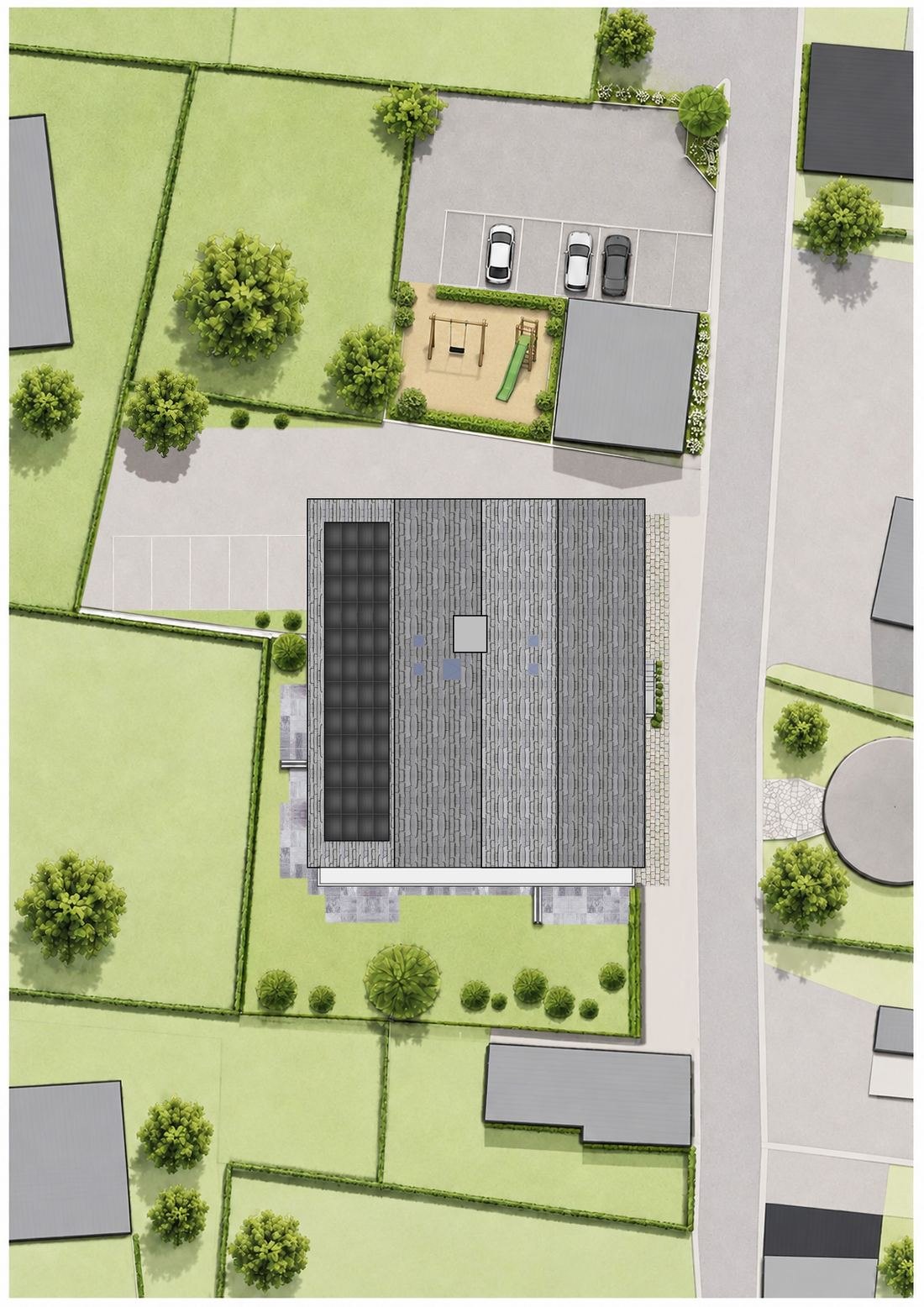 Plan de situation de la résidence : le bâtiment au centre de sa parcelle, la route du village, le parking et la place de jeux au nord.